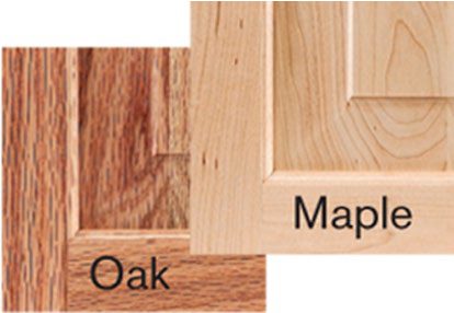 Side-by-side comparison of an oak cabinet door and a maple cabinet door showing how grain pattern and color differ by species.